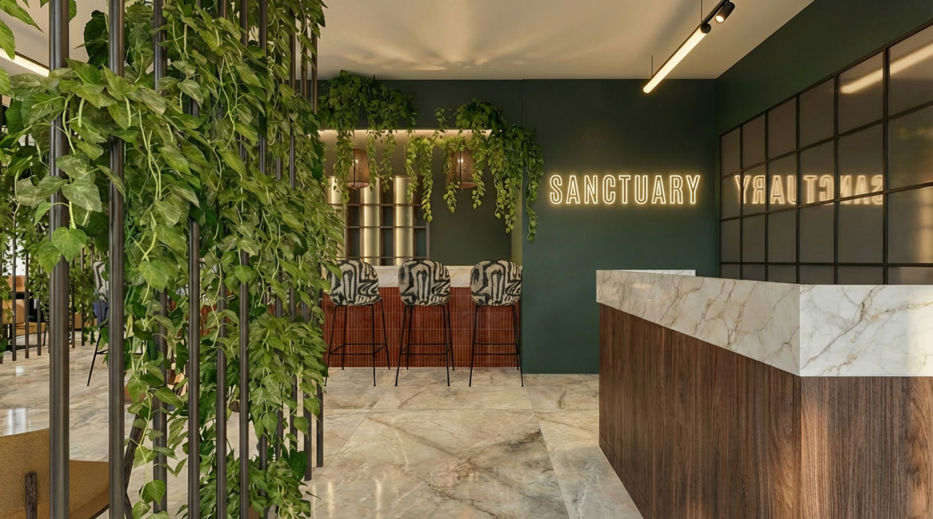 Sanctuary Wellness Lounge interior with lush greenery and warm lighting